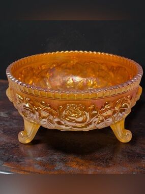 Imperial Lustre Rose Marigold Carnival Glass 3‑Footed Bowl 7.35" Vintage 1910s